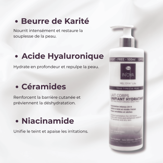 Ingrédients § Bienfaits Lait corps unifiant hydratant  Peau Noire Ingrédients § Bienfaits Lait corps unifiant hydratant  Peau Noire