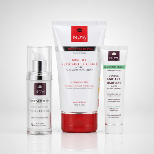 Routine taches, peaux grasses, avec gel exfoliant, soin unifiant matifiant et sérum anti taches