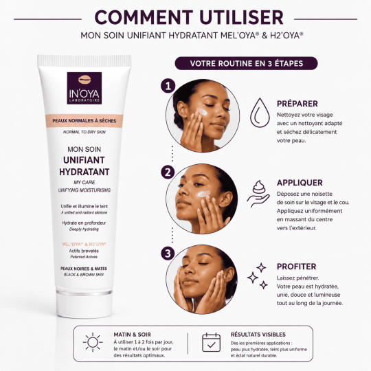 Comment utiliser Mon Lait Corps Unifiant Hydratant MEL'OYA® Lite - routine d'application sur le corps en 3 étapes
