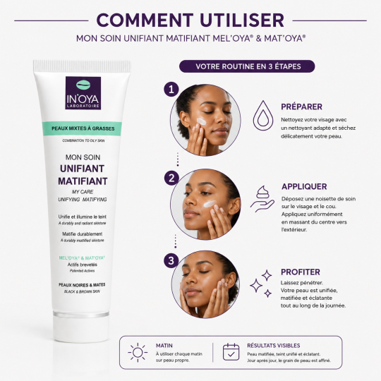 Comment utiliser Mon Soin Unifiant Matifiant MEL'OYA® & MAT'OYA® - routine visage matifiante en 3 étapes